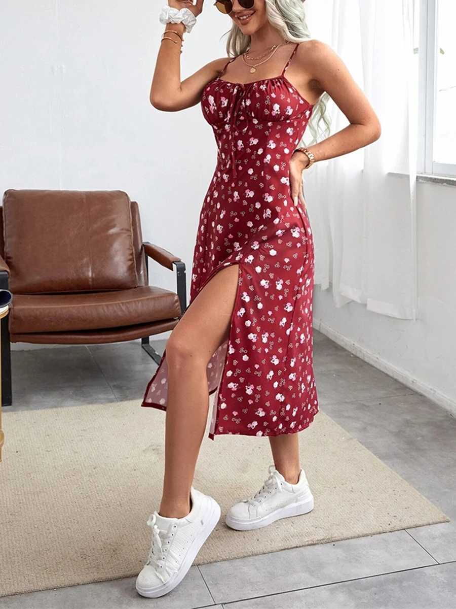 Floral Summer Dress Women Flower Print Spaghetti Strap Sleeveless High Slit Dress X260306