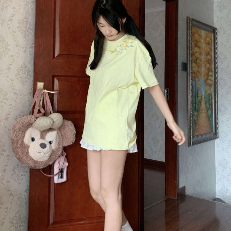 American Style High Street Embroidered Yellow Shoulder Women's Summer Loose Design T-Shirt Couple Student Slimming Top