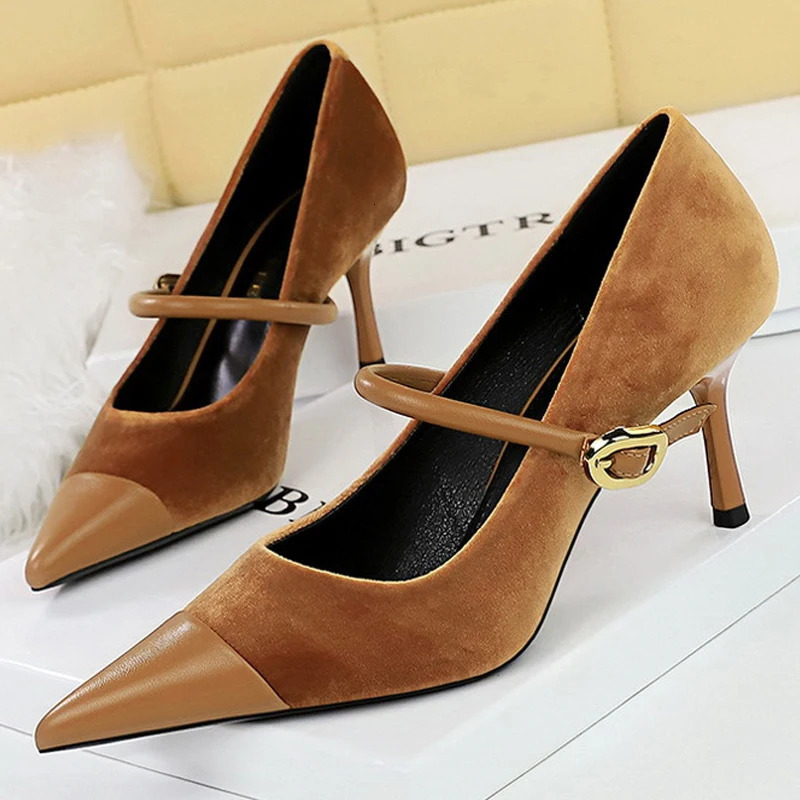 BIGTREE Shoes Buckle Women Pumps Pointed Shoes High Heels Suede Stilettos Heels 7cm 10cm Ladies Shoes Large Size 43 260306