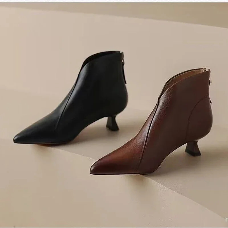 Autumn Winter Pointed Toe Women Ankle Boots Fashion Elegant Zippers Short Booties Vintage Ladies Square Heels Casual Shoes 260303