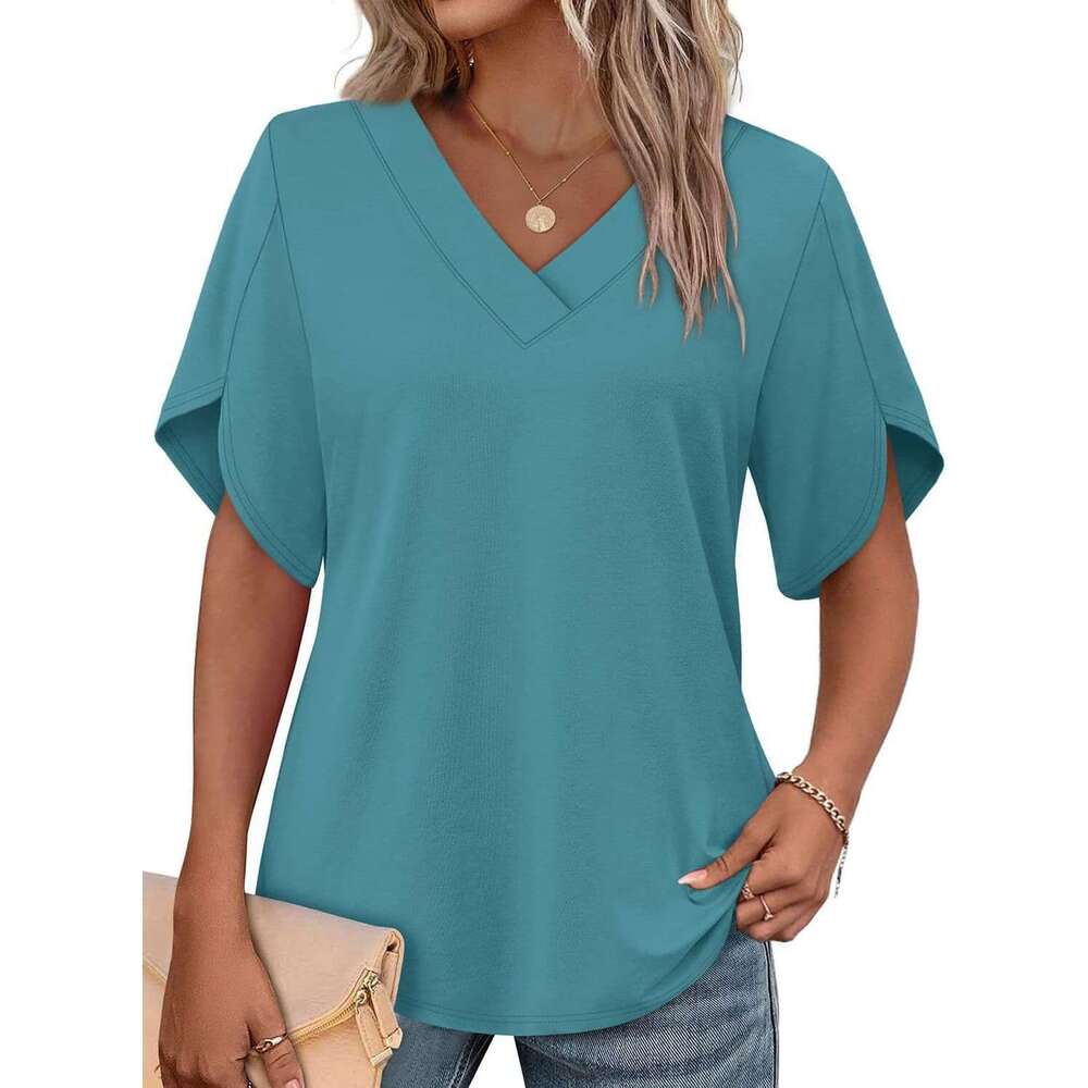 V Neck T Shirts for Women Designer Summer Spring Short Sleeve Shirt Dressy Business Casual Blouse Beach Vacation Clothes