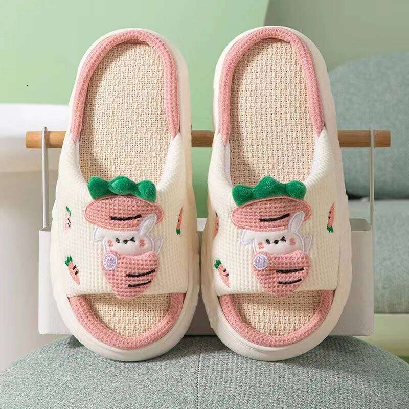 Litfun Winter Linen Soft Sole Indoor Cute Cartoon Pattern Home Slides Slip On Platform Women's Slippers