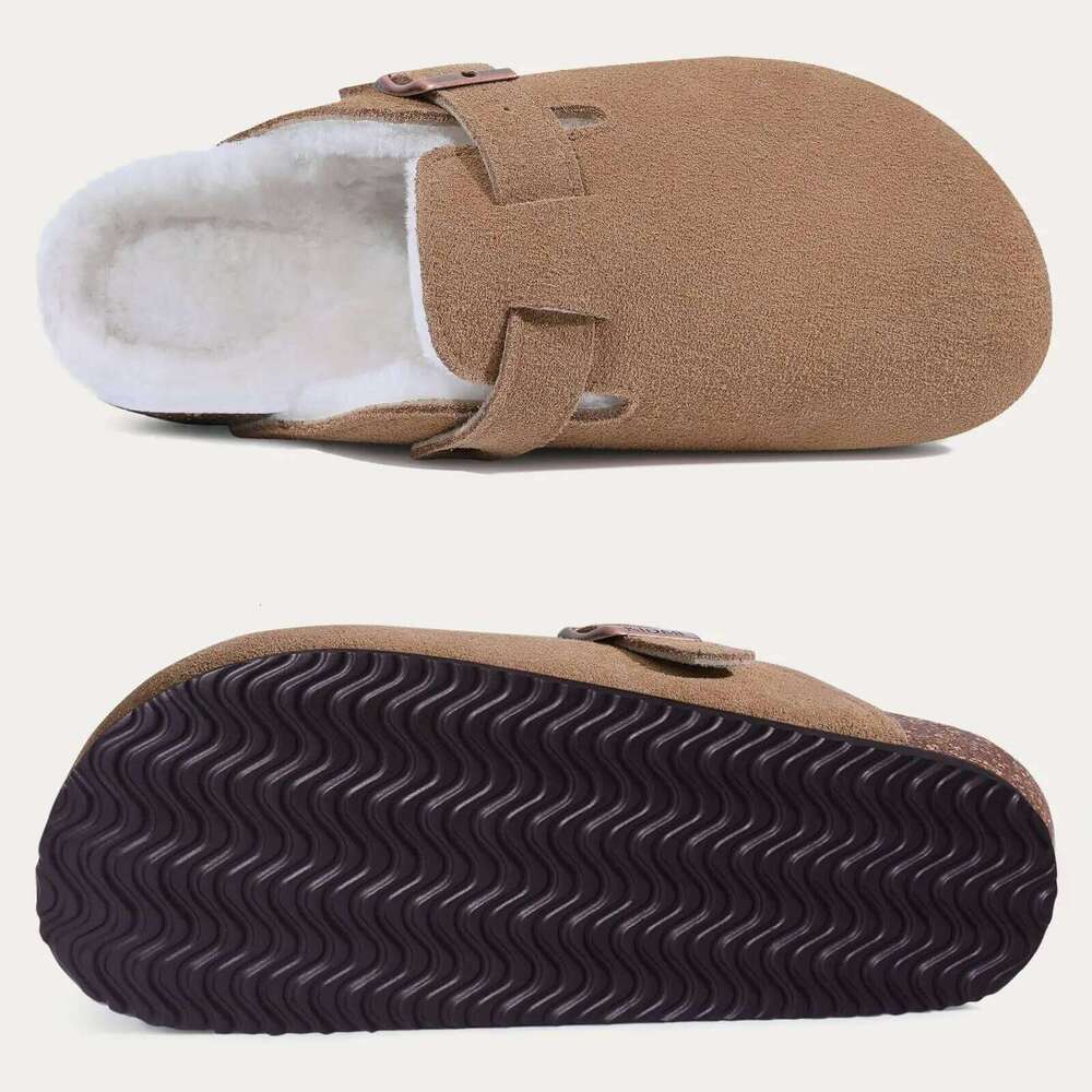 Litfun Winter New Fuzzy Mules With Adjustable Buckle Slip On Cork Footbed Potato Shoe Fur Lined Warm Women's Suede Clogs