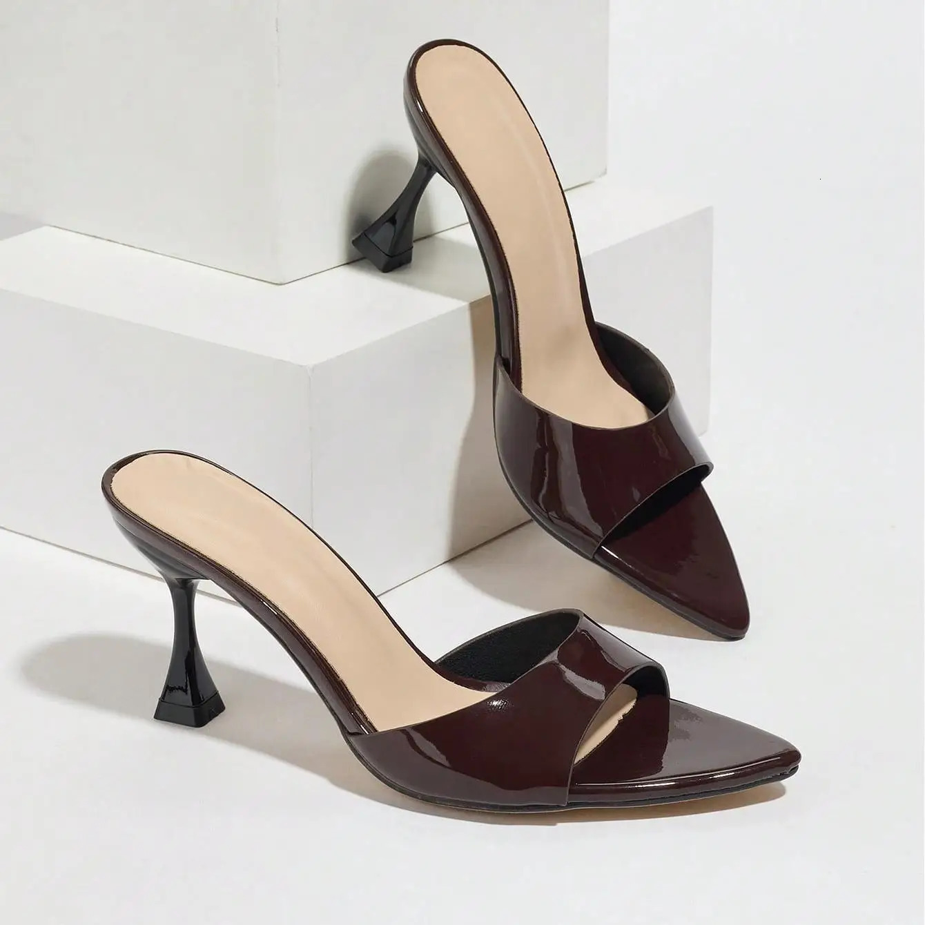 Ladies Pointed Toe Mirror Surface Sandals High Heels Coffee Brown Strap Thin High Heel slippers Women 2026 260303