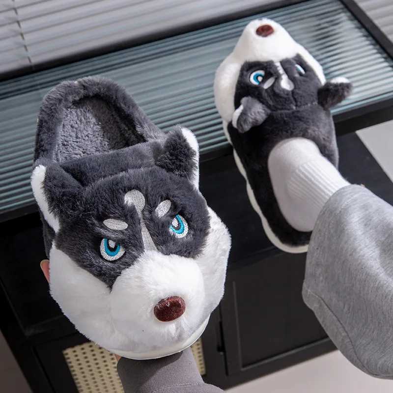 Women Indoor Cotton Slippers Cute Cartoon Dog Winter Warm Shoes Couples Home Floor Slides Anti-slip Female Male House Footwear S2603054HSX