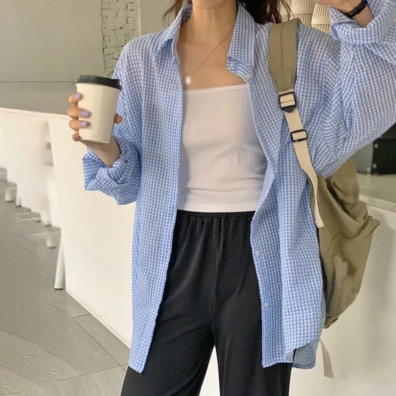 Korean Womens Shirt Sunscreen Long Sleeves Shirt Summer Womens Loose Casual Single Breasted Turndown Collar Plaid 260306