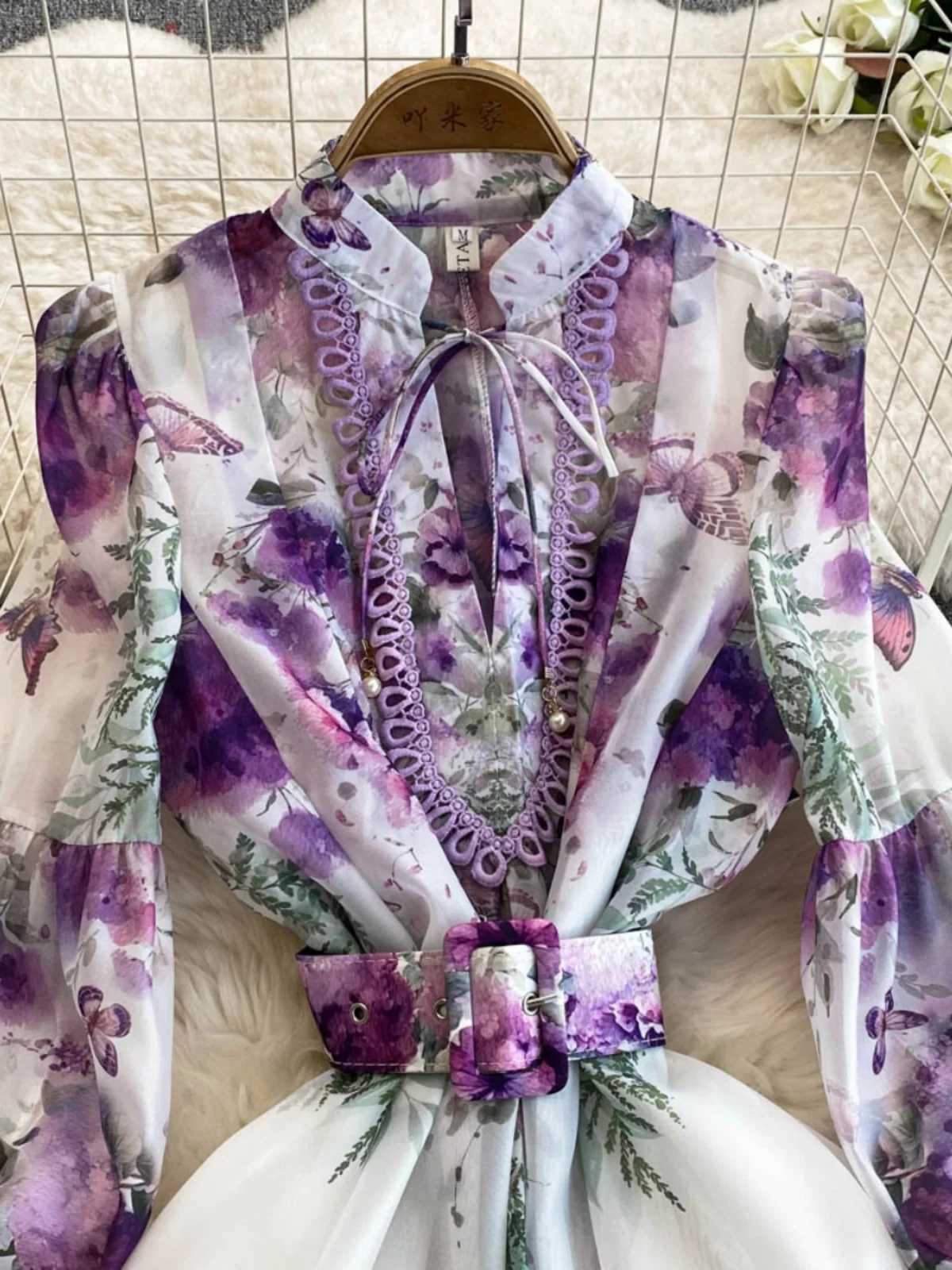 Floral Print Fresh Chic Women Dress Spring 2026 New Elegant Slim Lantern Sleeve Big Swing Vestido French Style Temperament Ropa X260306