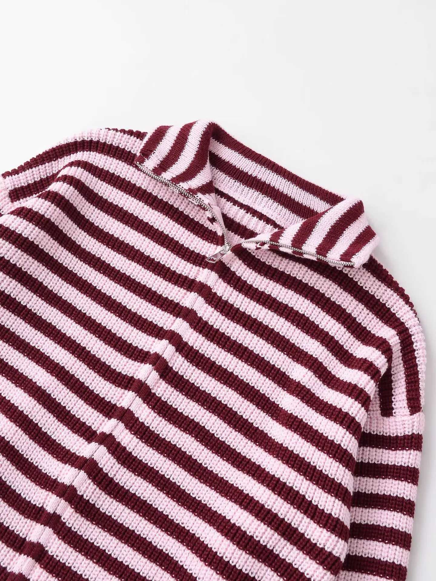 2026 New Spring Striped Loose Knit Cardigans Women Casual Turtleneck Zip-up Pink Sweater Coat Women Knitwear Streetwear M260306