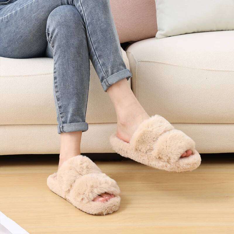Litfun Winter Furry Women's Flat Slip On Indoor Fashion Cotton Slides Plush Lining Warm Comfy Slippers For Women