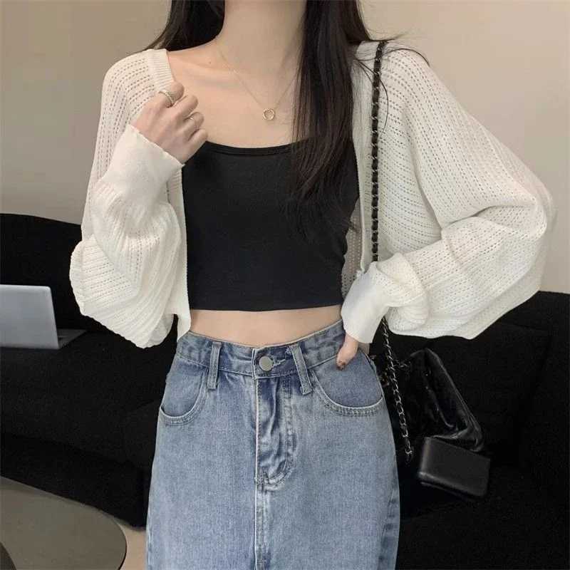 Fashion Hollow Out Sunscreen Cardigan Women Lantern Sleeve Thin Short Knitted Cardigans Woman Elegant Simple Crop Smock Top M260306