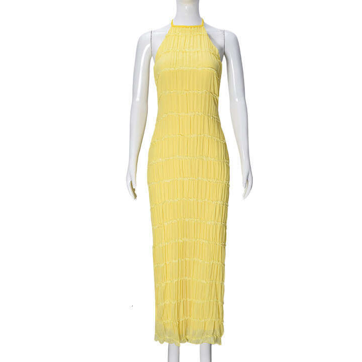 European and American foreign trade women's backless pleated fabric unique dress, new breathable lace-up ruffle long dress