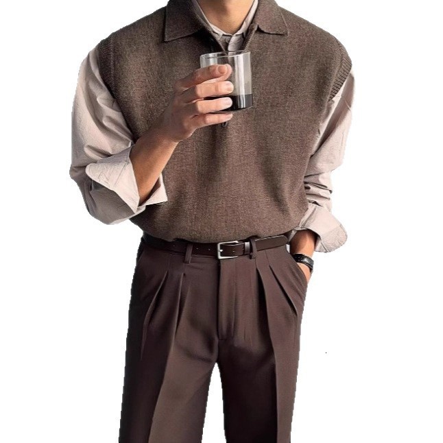 Simple Japanese Retro Sweater Vest Jacket Mens Knitted Cardigan Exterior Vest Trendy 250910