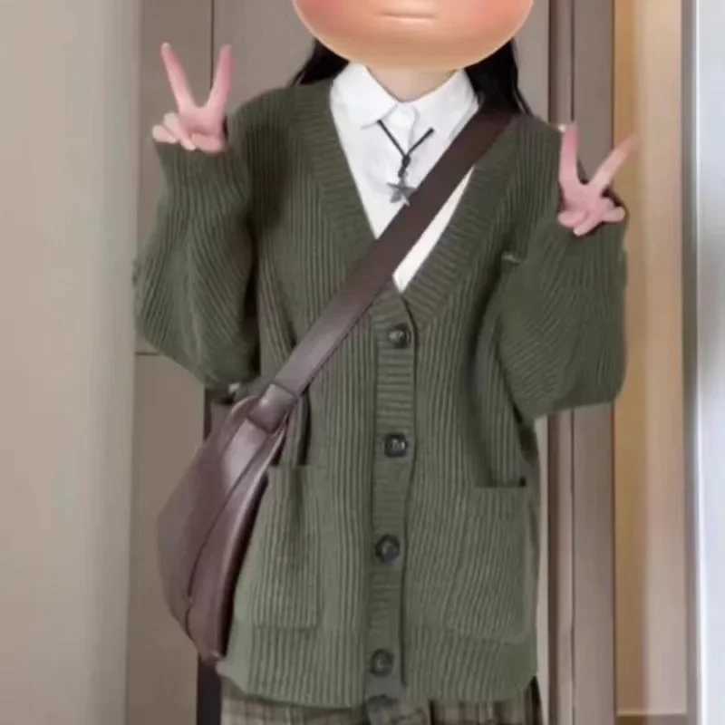 2024 New Preppy Style Womens Knit Sweater Cardigan Loose Fit V-neck Versatile Solid Color Korean Version Pullovers M260306