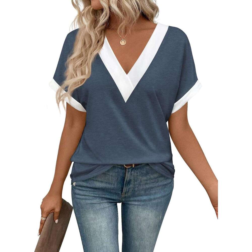 Women Summer Top V Neck Short Sleeve Blouse Casual Loose Tees Comfort Colors Designer Tshirt 2026 Fashion Beach Vacation Clothe