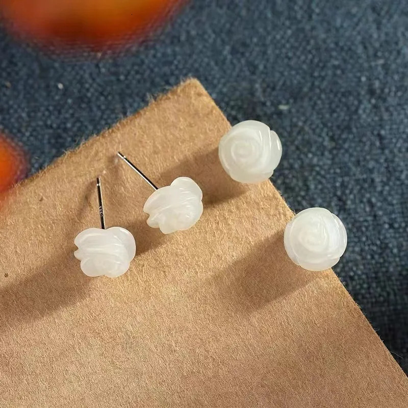 PANJBJ 925 Sterling Silver Rose an Jade Earring for Women Girl Ethnic Style Versatile Temperament Jewelry Gift Drop 260303