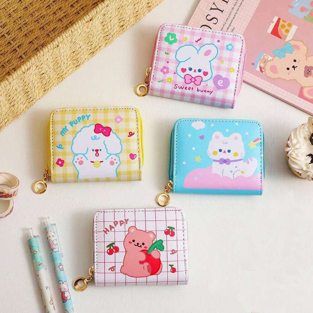 Cute Rabbit Square Coin Purse Cartoon Teenage Girls Multi Position Short Card Student Pu Document Bag Wallet C260304