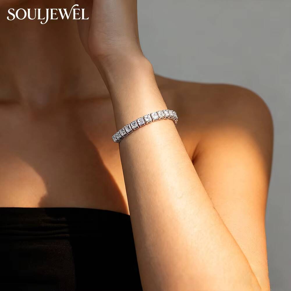 S925 Sterling Silver Rhodium Plated GRA Certified Moissanite Tennis Bracelet Cut Adjustable Slider Design Luxury Daily Wear