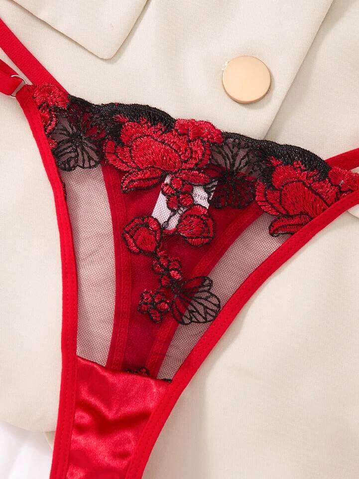 Two-piece bra Women's floral embroidered lingerie - Black and red underwear set ZA825127