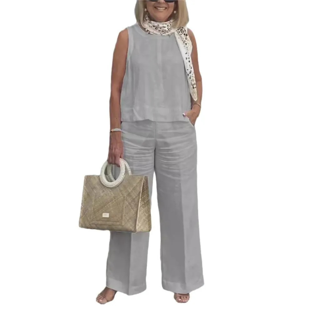 Spring Summer Cotton Linen Solid Color Sleeveless Vest Top Women Pants Suit Casual Pocket Elegant Female Office Retro 2Piece Set 260305