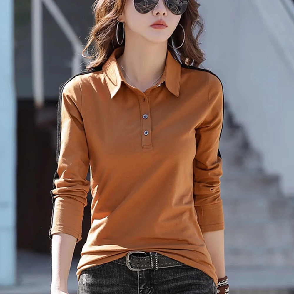 European Station Long sleeved Tshirt Womens Summer Fashion Light Pure Cotton Polo Neck Casual Large Size Loose Top 260228