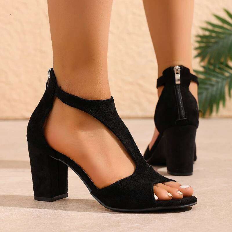 2025 Summer New Women's Fashionable and Comfortable High with Bare Toes Anti Slip Solid Color Coarse Heel Sandals