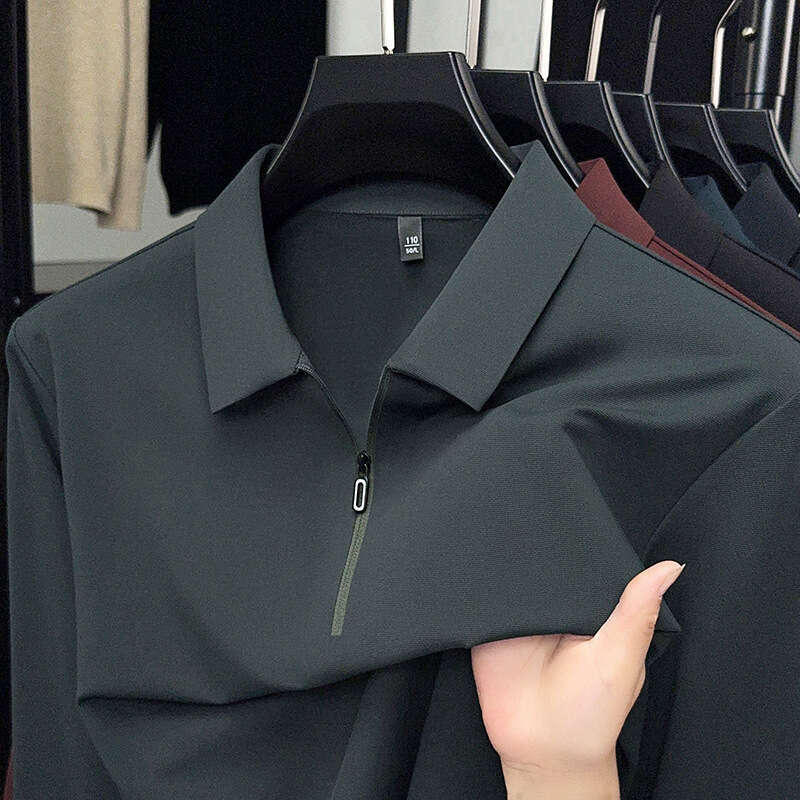 2025 New Spring and Autumn Seamless Long-Sleeve Polo for Men, High-End Business T-Shirt, Trendy Turn-Down Collar Base Shirt