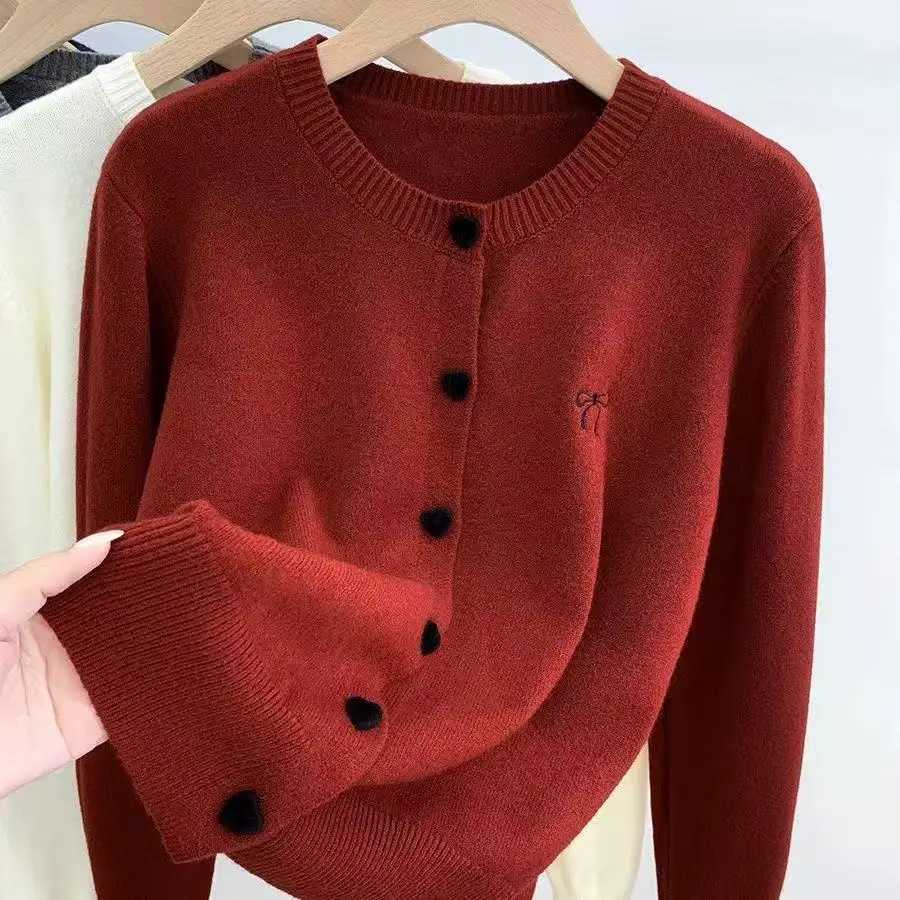 2026 Korean Casual Solid Knitting Tops Women Knitted Cardigan Bow Embroidery O-Neck Single Breasted Heart-shaped Button Sweater M260306