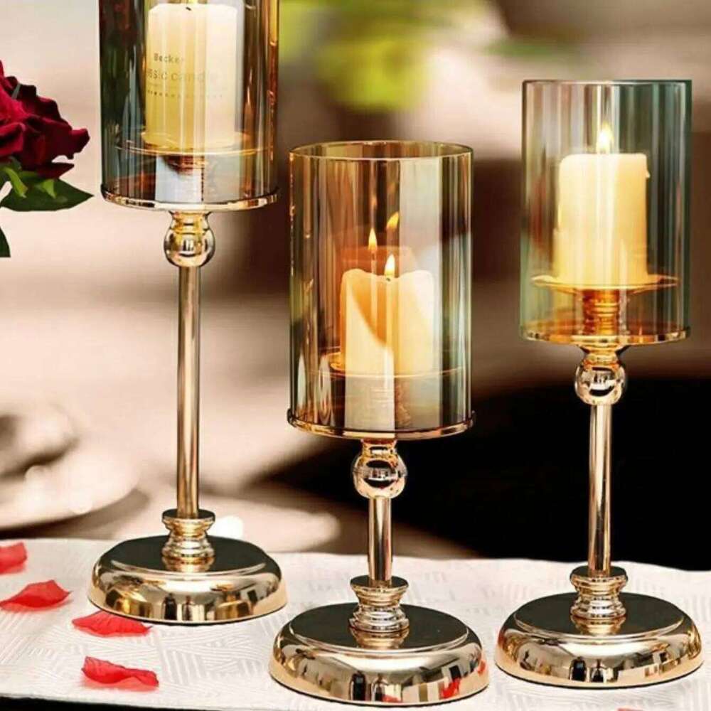 1pc Golden Glass Holders Pillar Candle Candlestick for Dining Coffee Table Wedding Events Parties Home Decor XJ260305