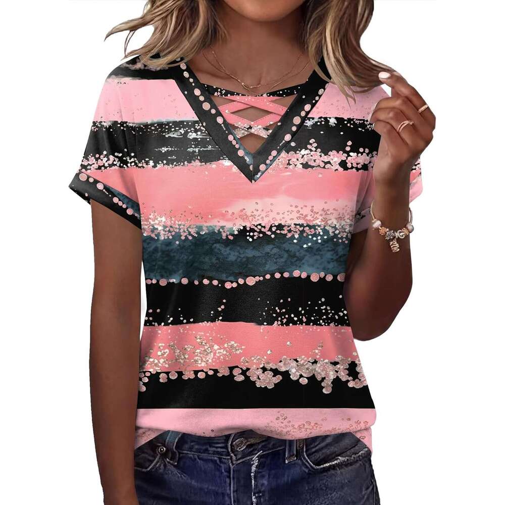 Short Sleeve Shirts Spring for Women 2026 V Neck Designer Criss Cross Tees Womens Summer Tops