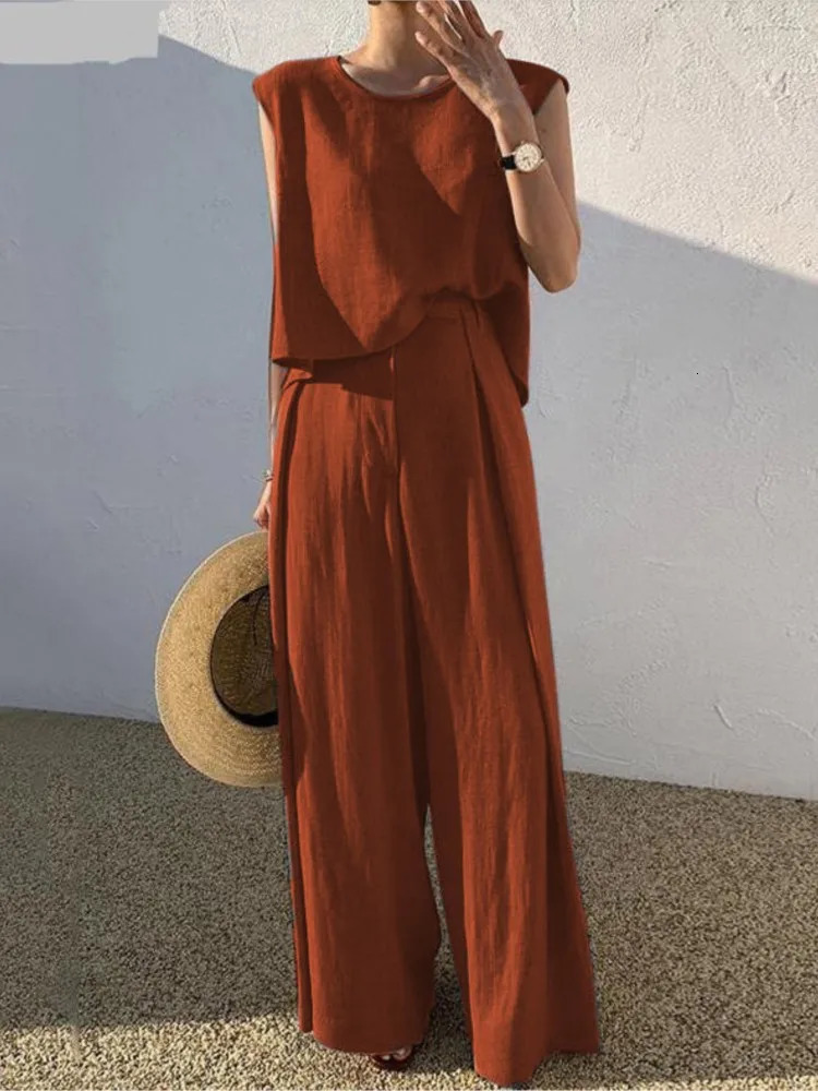 Cotton Linen Fashion Round Neck Sleeveless Vest Wide Leg Pants Two-piece Set Casual Loose Womens Set Style 260305