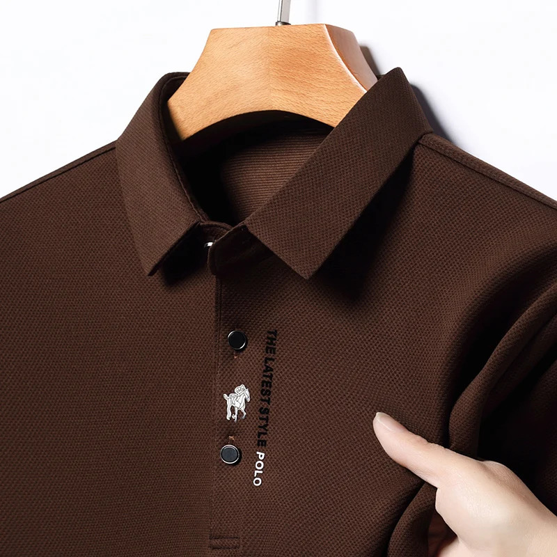 High end ice silk long sleeved T-shirt cool and comfortable casual mens fashion embossed spring and autumn polo shirt 260304