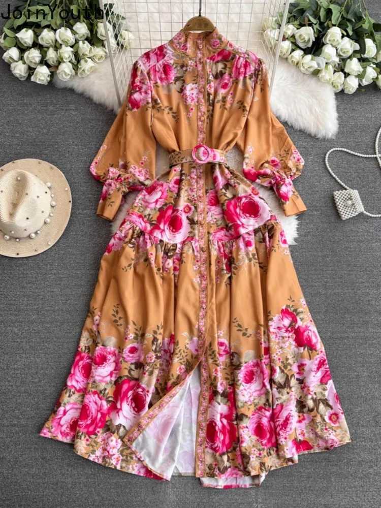 2025 Vestidos De Mujer Summer Dresses Women Print Floral Single Breasted Long Robe Femme High Waist Vintage Elegant Maxi Dress X260306