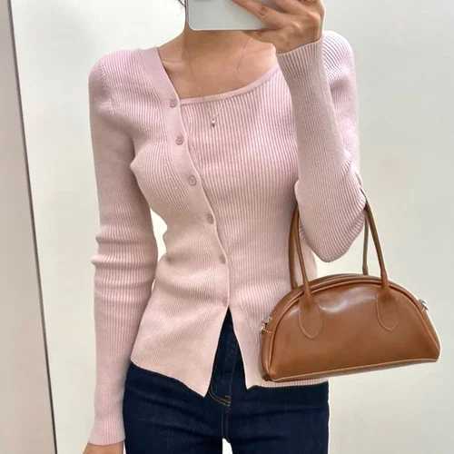 Komiyama Elegant Irregular Collar Cardigans Femme Spring Womens Clothing Single Breasted Sweater Feminino Knitwears Tops M260306