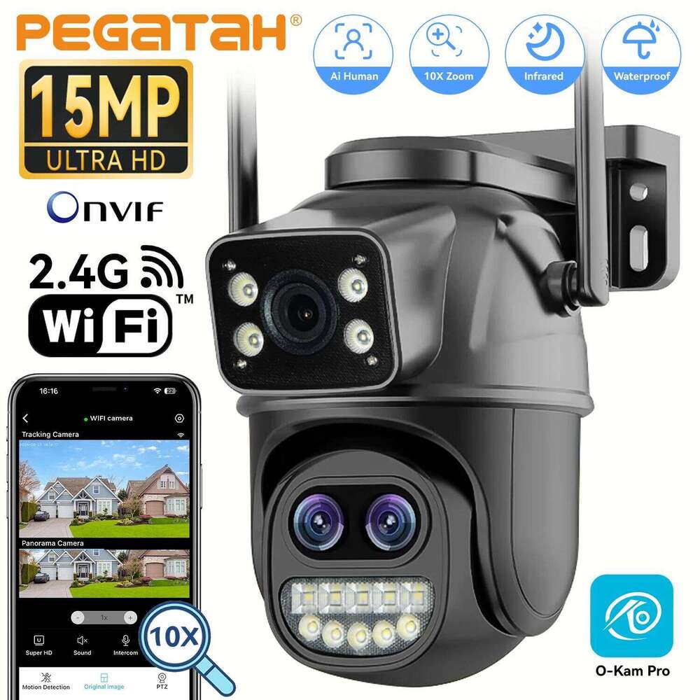 PEGATAH 15MP WiFi Security PTZ Outdoor Dual Screen 10X Zoom Human Detection 10MP Surveillance Video IP Camera O-Kam Pro 26W0306