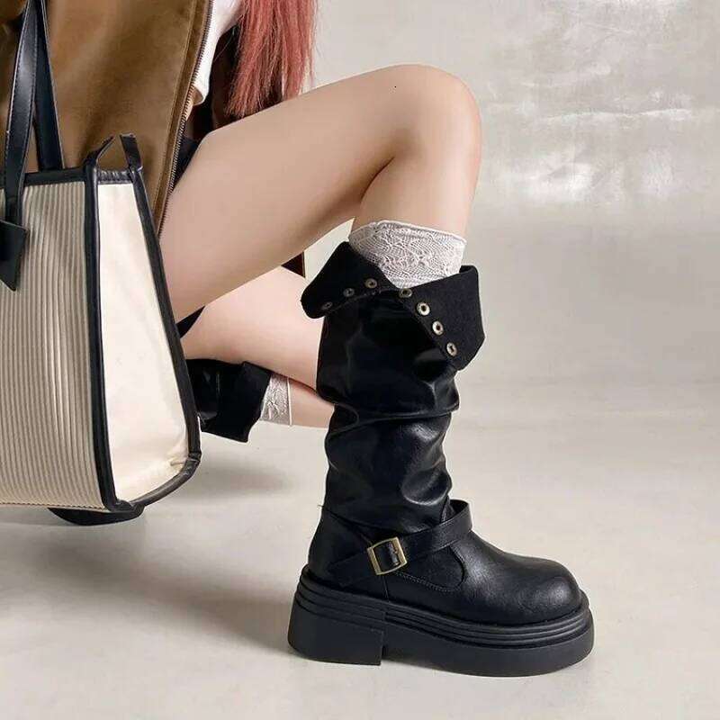Women's Two-Way Foldable Knee-High | Thick-Soled Retro Punk Biker Boots with Buckle Straps