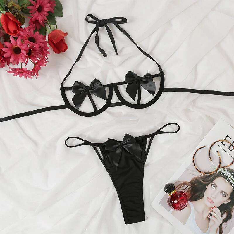 Fashion Lace Bra Panties Underwear Female Steel Ring Hollow Garters Sexy Bowknot Thong Lingerie Set Lenceria