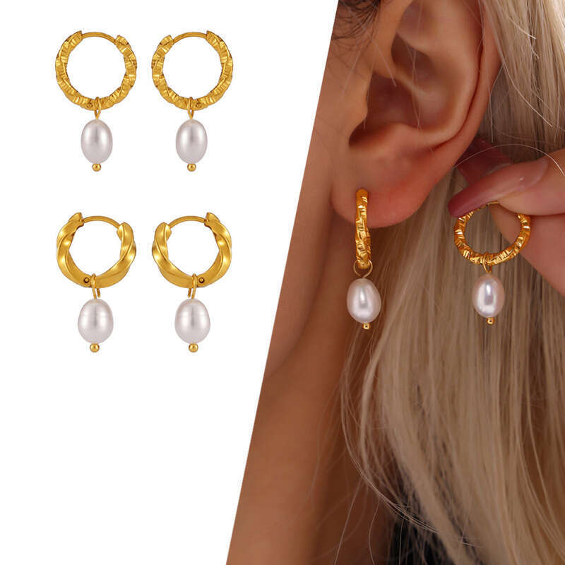 Women's Designer Earrings: Twist Clasp Natural Freshwater Cultured Pearl For Women, Stainless Steel PVD Vacuum Plated 18K Real Gold Earrings Mini