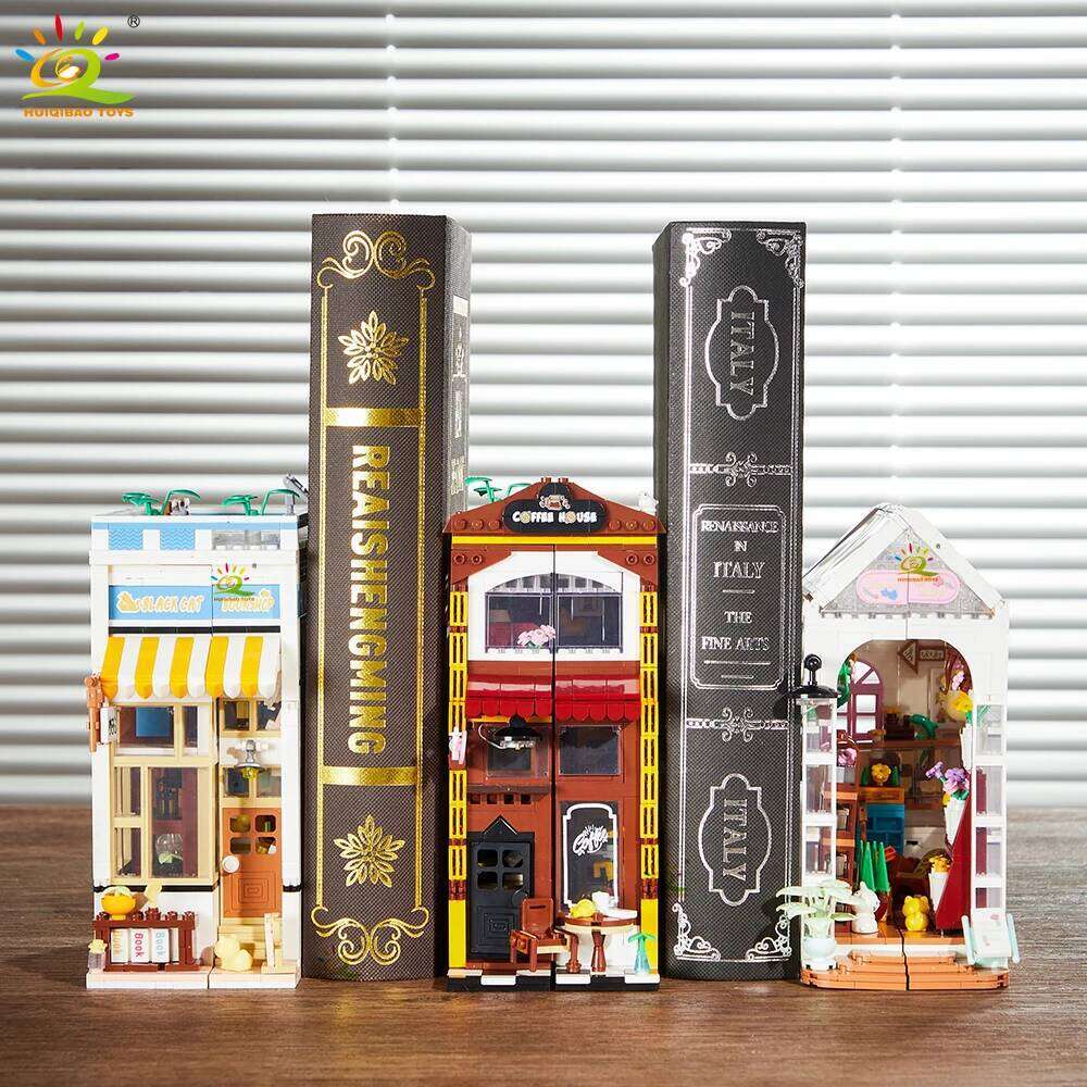 HUIQIBAO MOC Cat Cafe Bookends model Micro Building Block Bookstore Flower Shop Mini Brick Toy for Children Desk Decor. Z260306