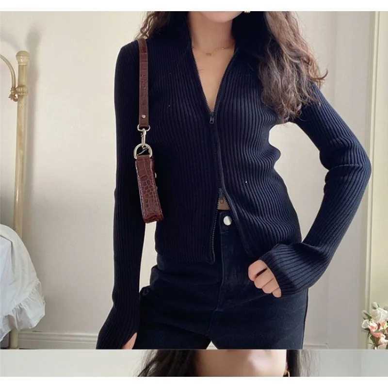 Autumn Winter French Retro Zipper Knitted Bottoming Shirt for Women with Western Style Long-sleeved Outer Knitted Cardigan Top M260306