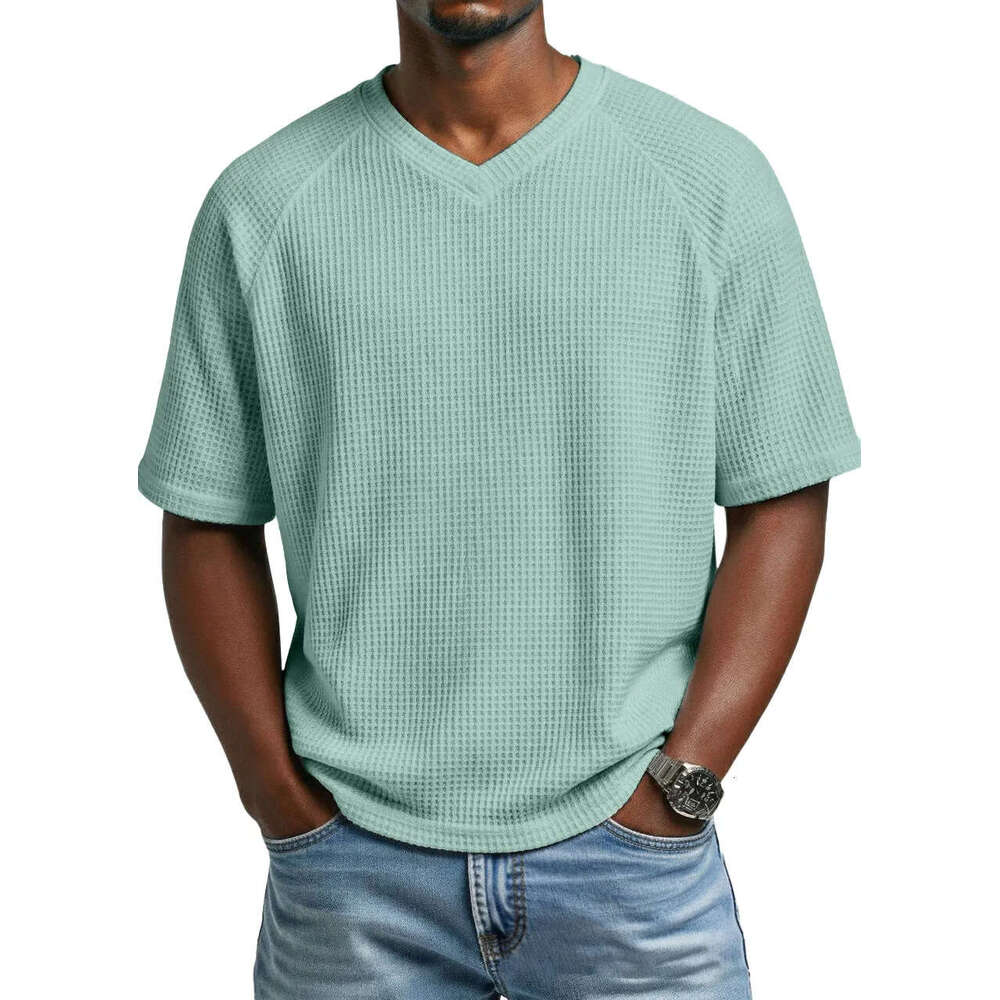 2026 European and American Spring Summer Cross-Border Independent Station Fashion Waffle Knit Raglan V-Neck Short Sleeve Men's T-Shirt