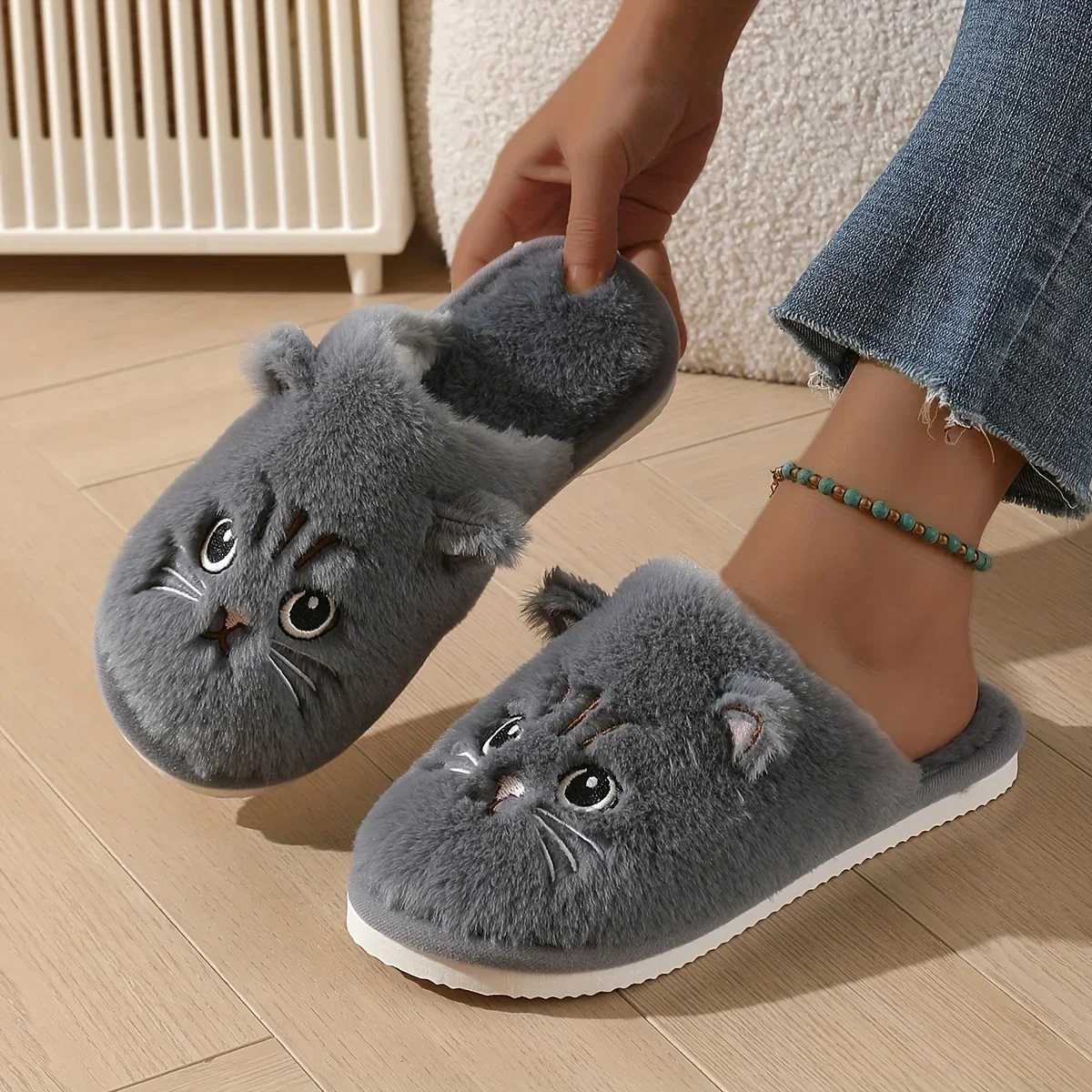 Womens Plush Cat Slippers for Winter Warm and Cozy Indoor House Shoes with Soft EVA Sole Non-Slip Design QEEDUOOF S260305