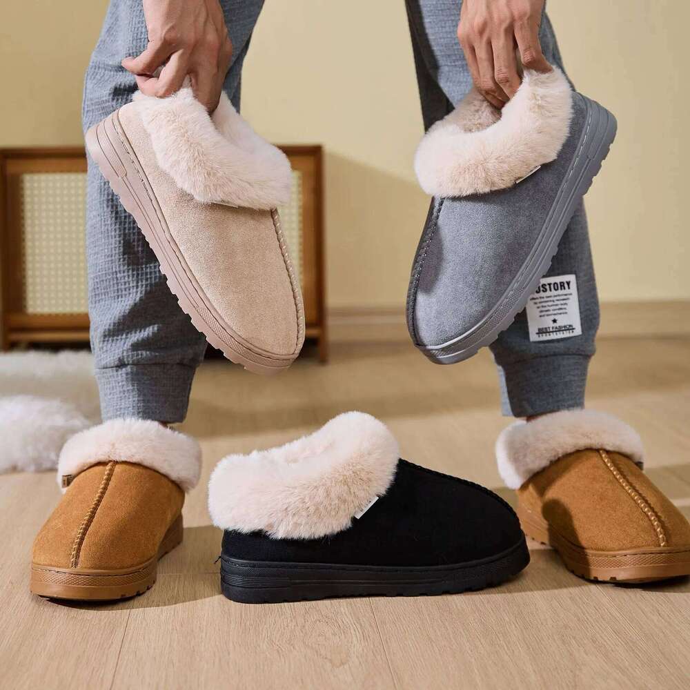 Litfun Winter Fluffy Slippers Warm Plush Indoor Home Flat Slides Outdoor Antiskid Faux Fur Collar Fuzzy Men Cotton Shoes