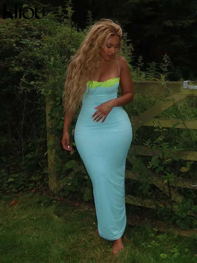 kliou Lace Patchwork Fashion Dress Women Elegant Suspendency Backless Sheath Concise Vestidos Mujer Vacation High Street Wear X260306