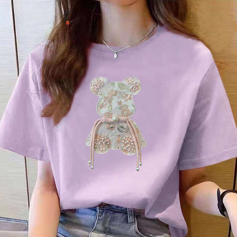 Frog button Buckle Pink Bear Beading T-shirt Heavy Handmade Diomand Shiny Bowknot Embroidery T Shirt Summer Tees Top Accessories Clothes