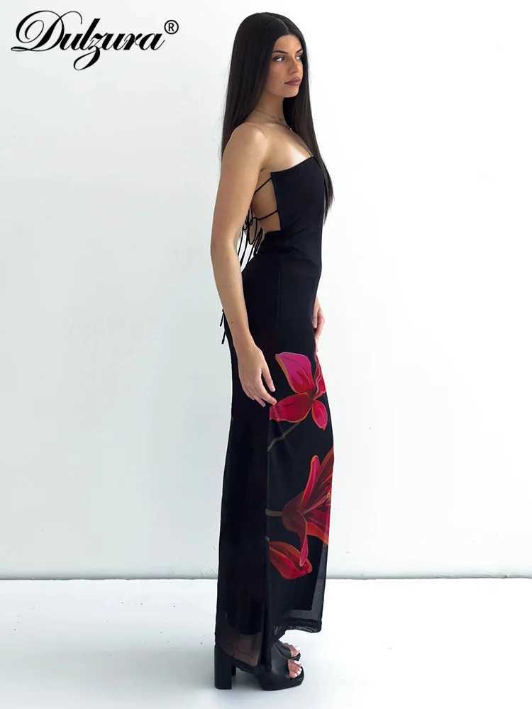 Dulzura Sleeveless Flower Print Tube Bodycon Midi Dress Backless Lace Up Elegant Sexy Outfit Party Club Autumn Winter X260306