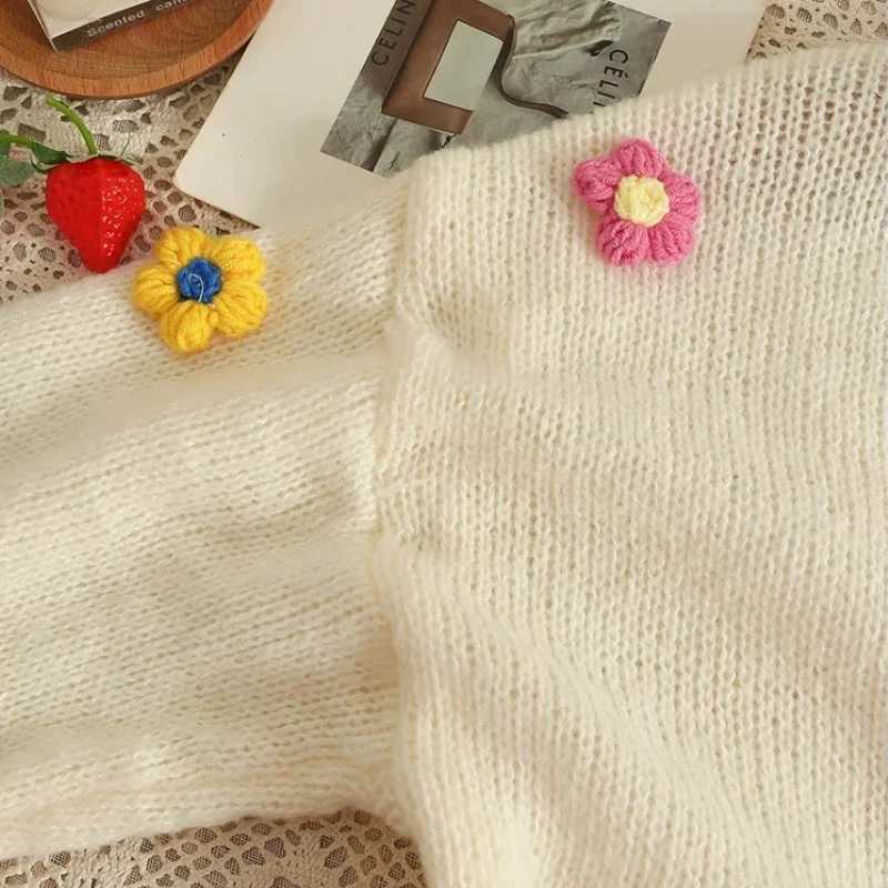 2026 New Spring Autumn Colourful Applique Flower Cardigan for Women Cute Long V-neck Knit Crop Sweater Girl Soft Knitwear M260306