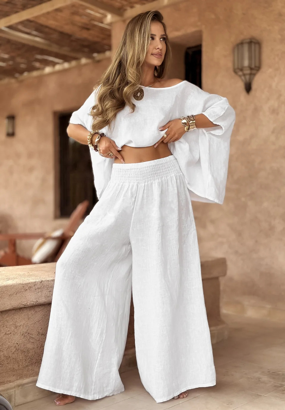 Spring Cotton Linen Women Suit Black Oversize Loose Top Wide-leg Pants Set Female Summer Trendy Casual Elegant Suits Ladies 260305