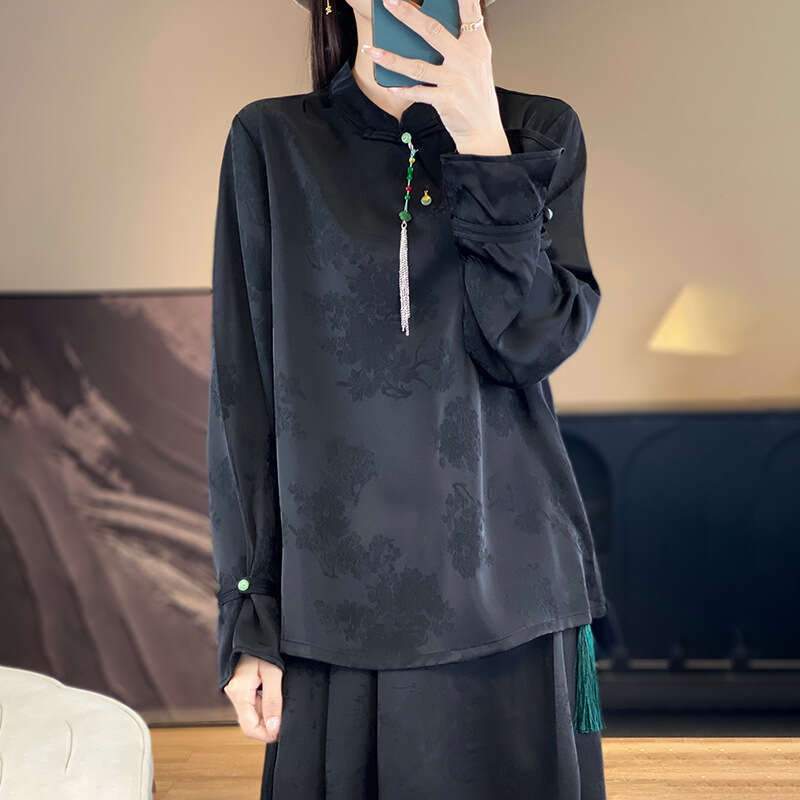 Mardi Hefxessdr New Chinese Silk irt Women's Embroidered Long Sve Lightweight Spring Summer Stand Collar Side Buttoned Chinese style shirt women&