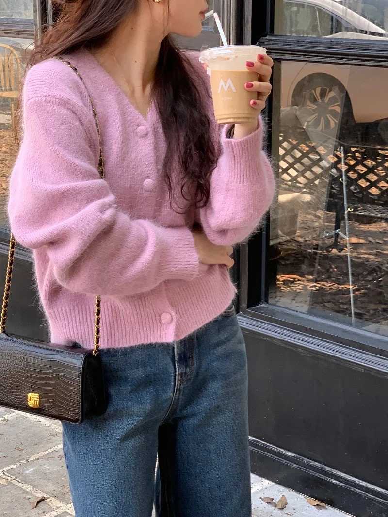 Spring Autumn Vintage Green Knitted Sweater Womens Lazy Style Single Breasted Cardigan Coat Soft V-neck Long Sleeved Top M260306