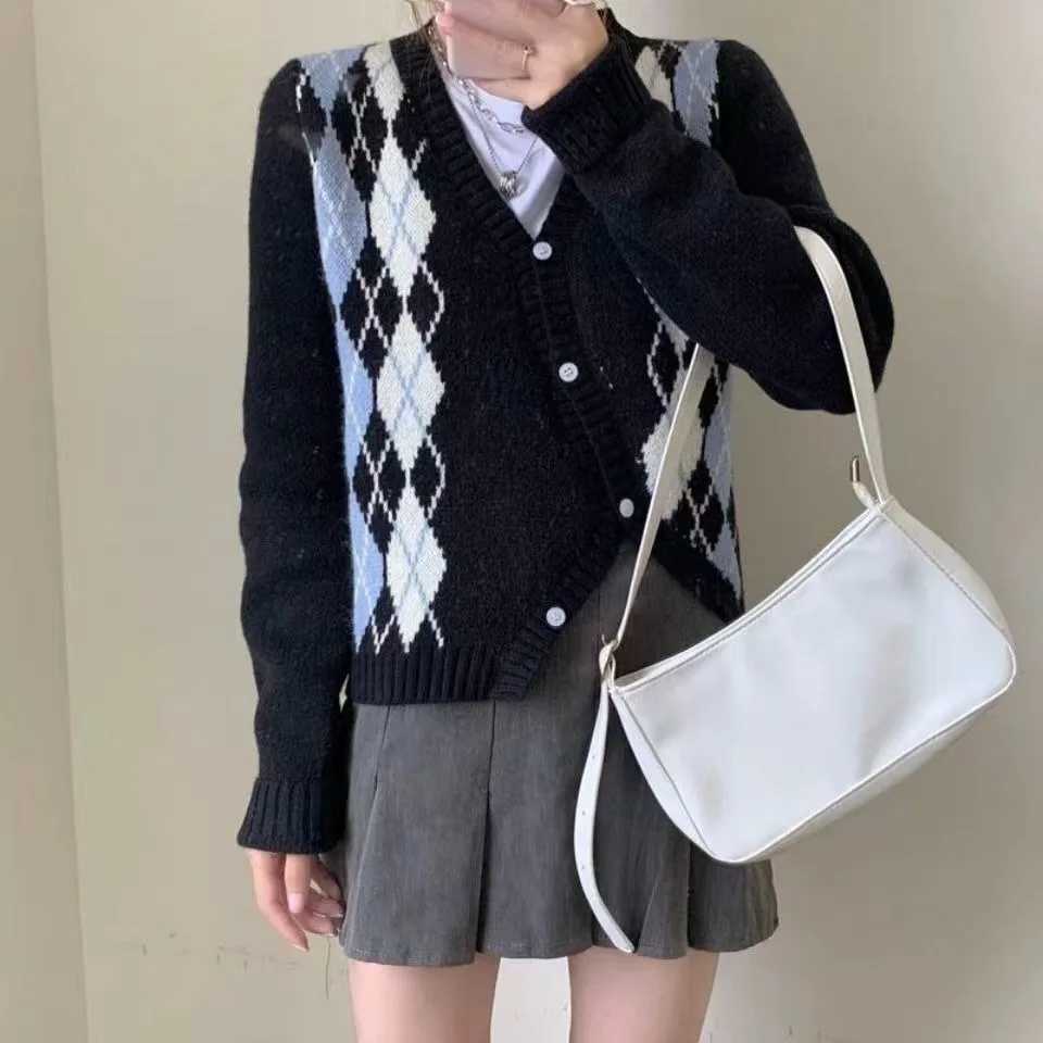 England Style Womens Fashionable Irregular Crochet Thick Knit Top with Argyle Pattern Casual Cardigan Sweater for Autumn Winter M260306